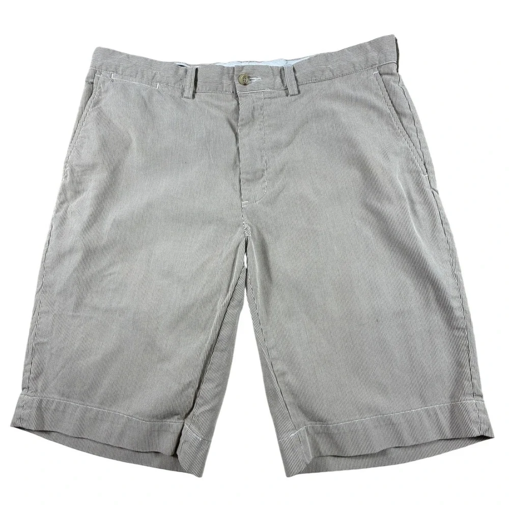 Polo Ralph Lauren Mens 34 Shorts Tan White Striped Cotton Flat Front Seersucker